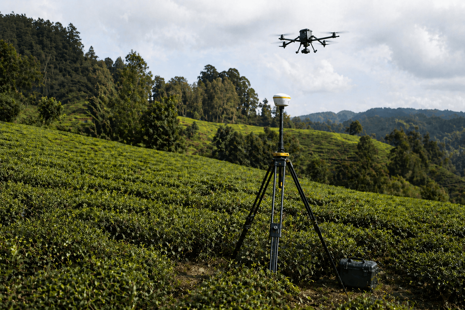 Weevils Drones quadcopter hovering above a tea plantation with a yellow GNSS RTK base station on a tripod in the foreground during a DGPS mapping mission