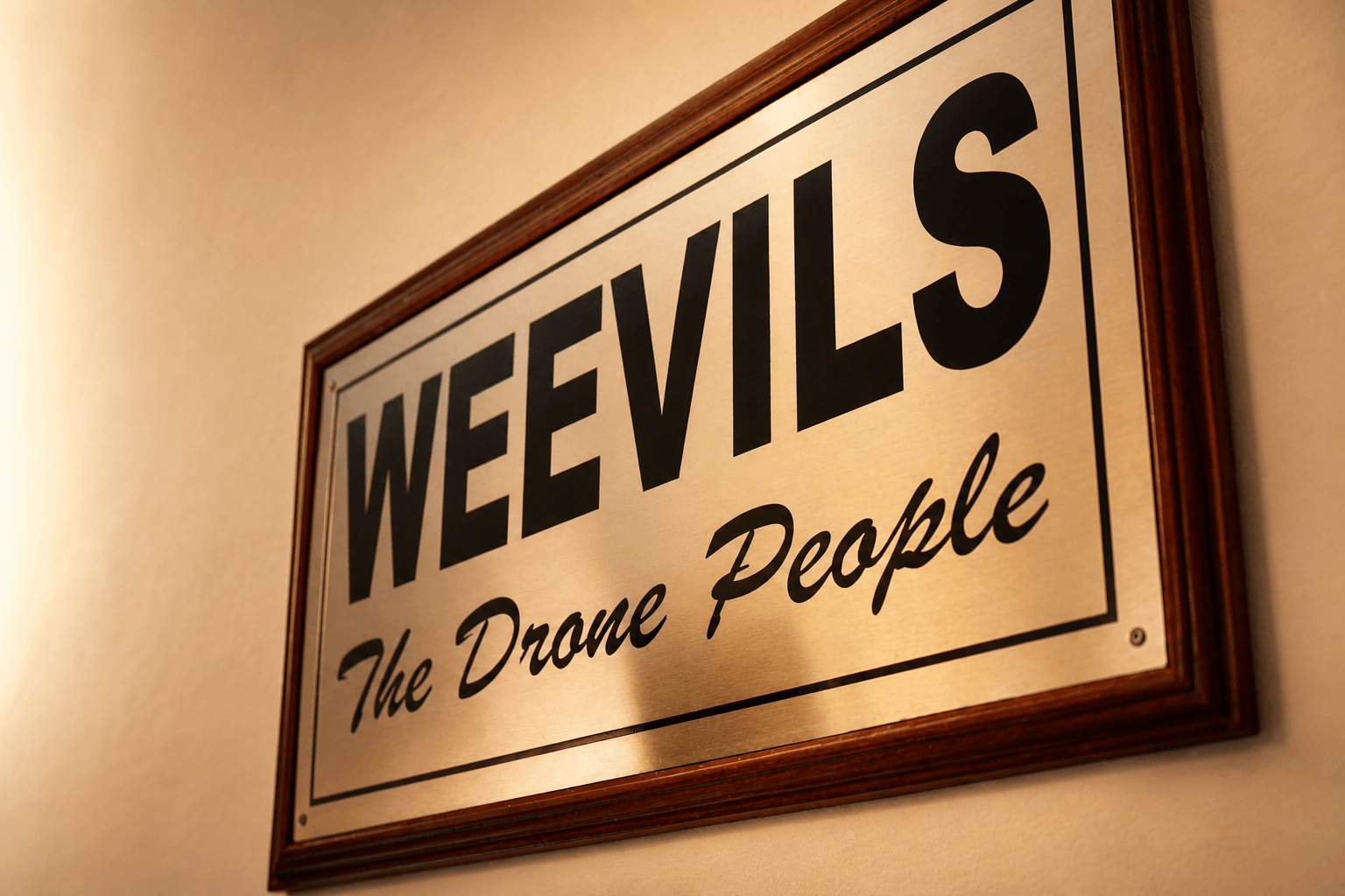 Brushed-metal Weevils Drones nameplate inscribed 'WEEVILS — The Drone People', mounted at the workshop entrance