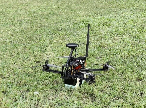 Gandiva interceptor quadcopter on the ground, ready to deploy